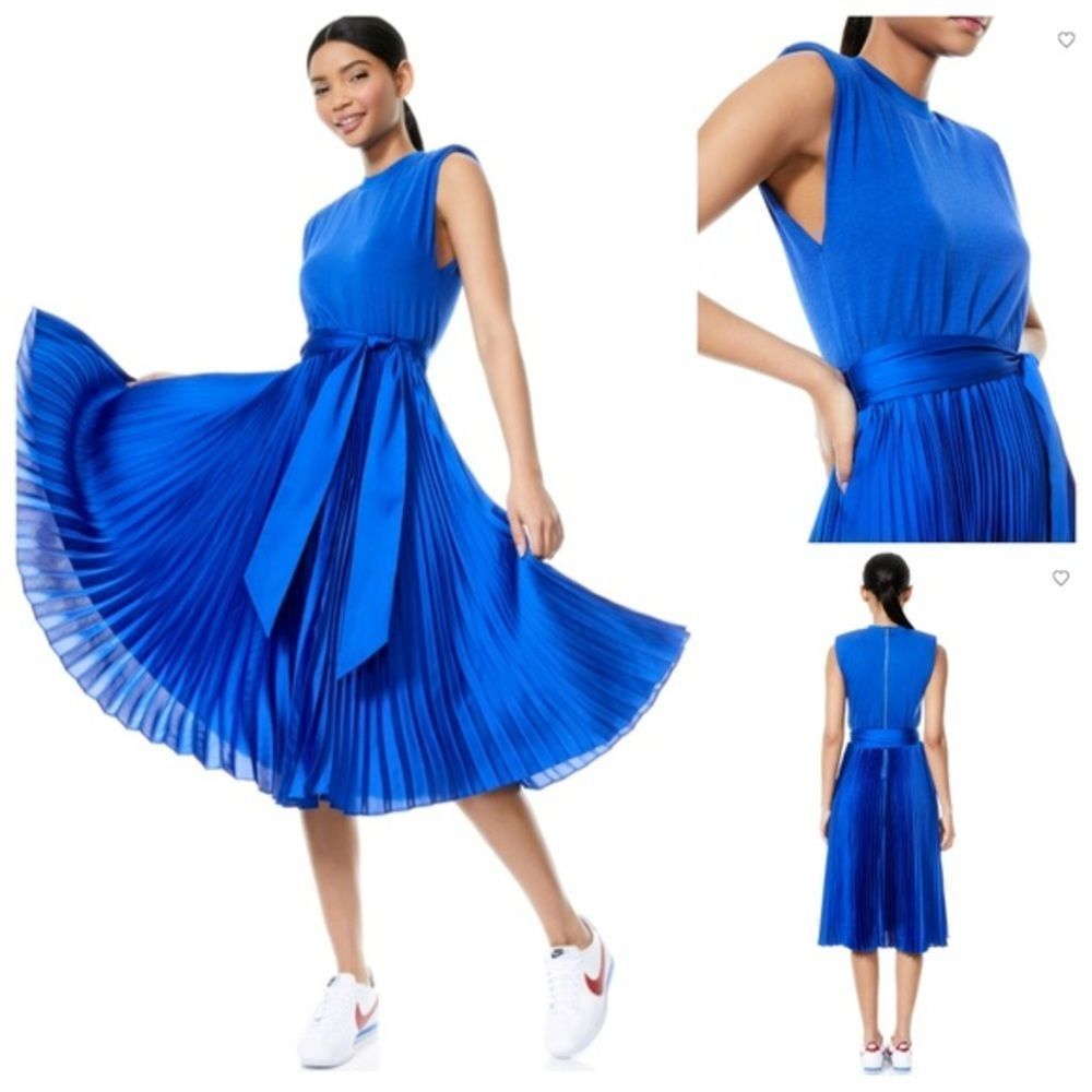 Alice + Olivia yuki strong shoulder pleated midi cobalt blue dress 10